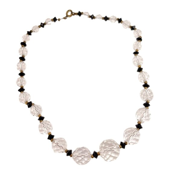 Art Deco Czech Faceted Glass Beaded Single Strand Necklace Black and Clear - Picture 1 of 7